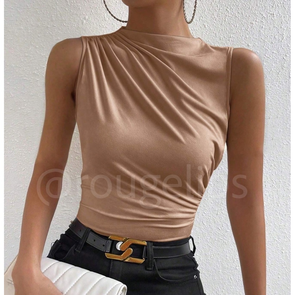 Ruched Khaki Asymmetrical Sleeveless Shirt Top Stretchy
